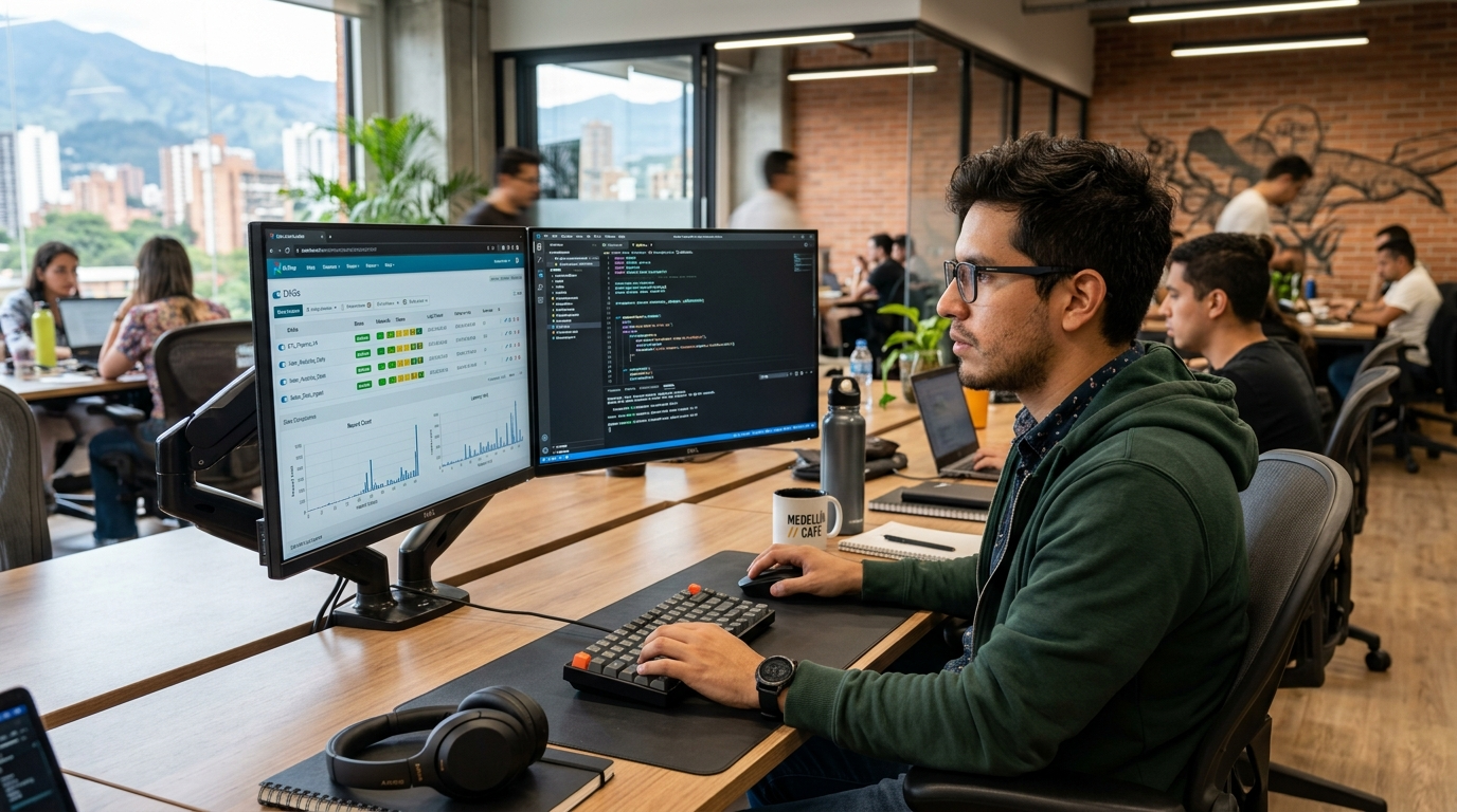 Latin American nearshore data engineer reviewing a Python pipeline dashboard on dual monitors in a modern Medellín coworking space