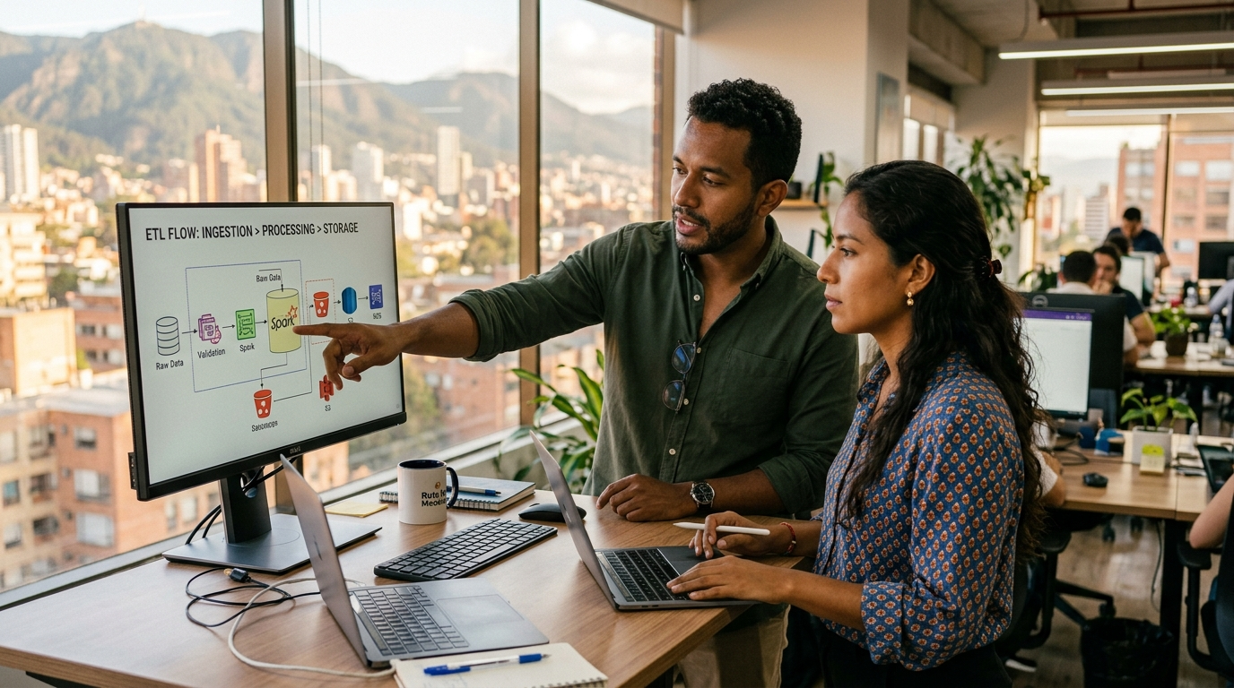 Two nearshore data engineers collaborating on a pipeline diagram at a Bogotá tech office standing desk