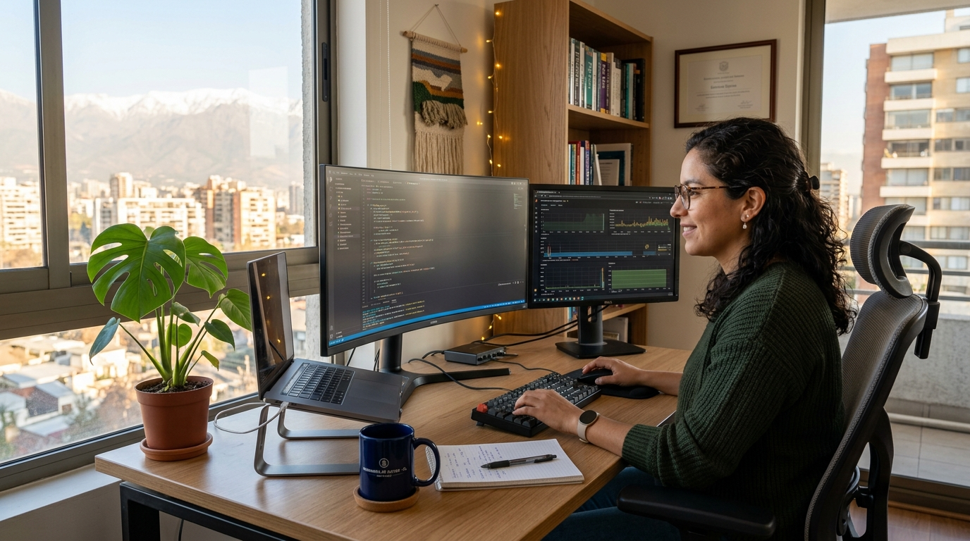 Nearshore data engineer in Santiago Chile writing Python transformation code at a home office setup with morning light