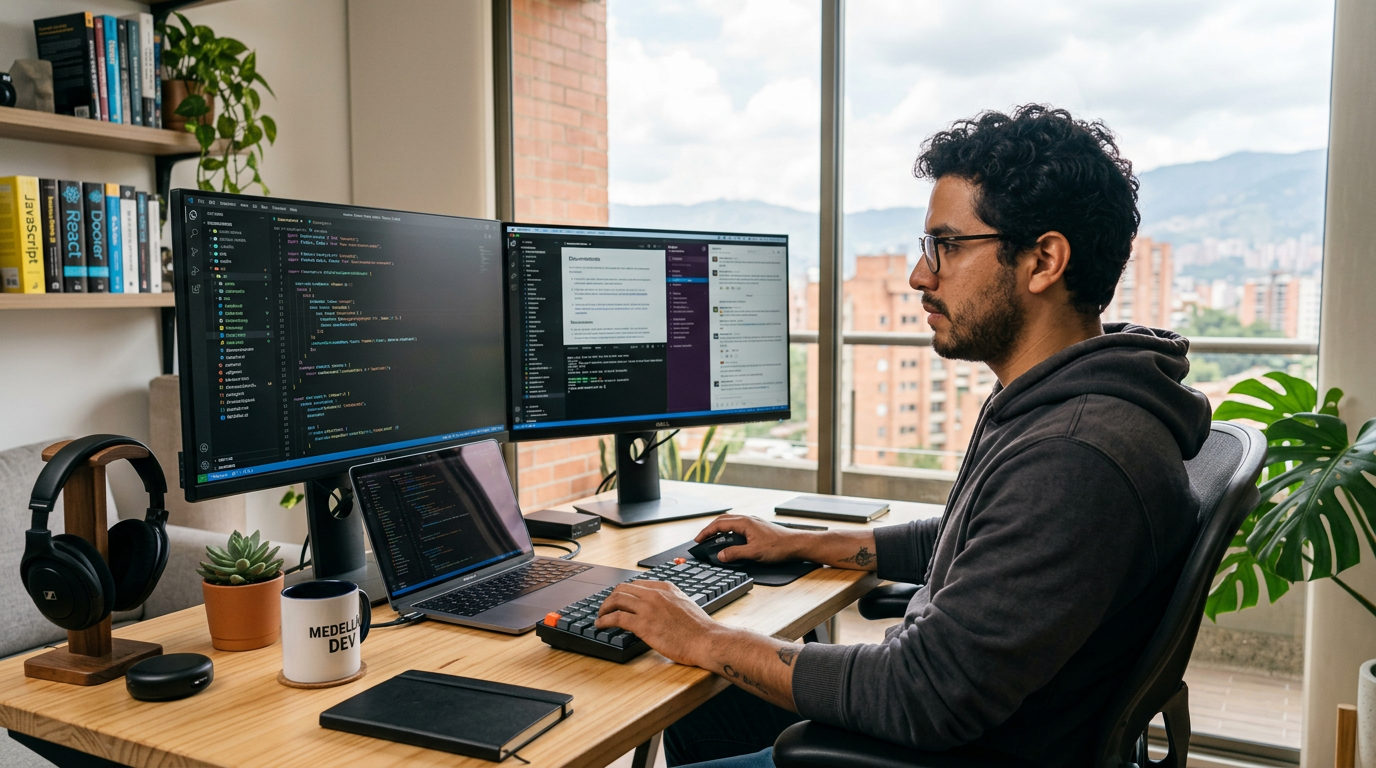 Nearshore developer working at dual monitors with code on screen in a bright Latin American home office in 2026