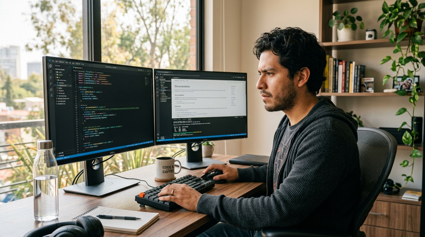Latin American nearshore developer reviewing code on dual monitors — nearshore developer hiring guide 2026