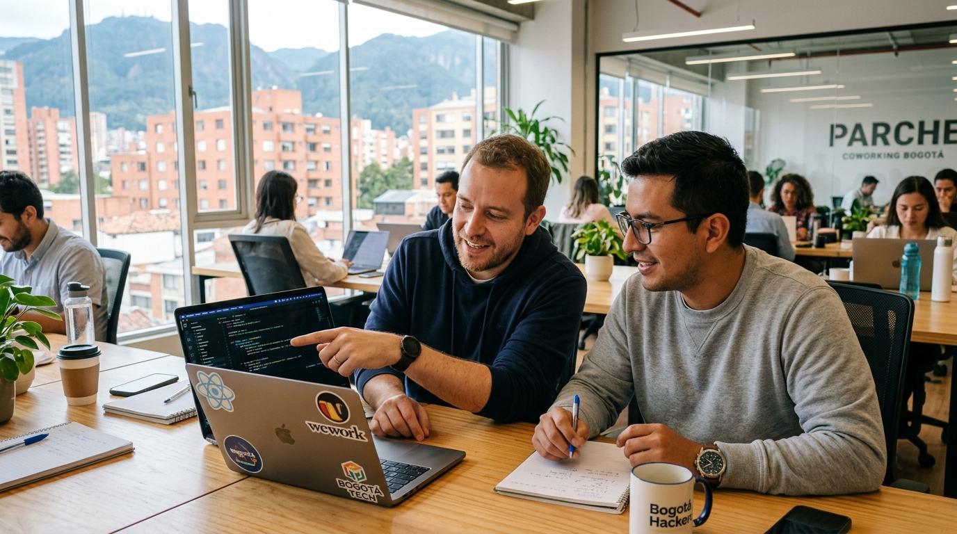 Two nearshore developers in a Bogotá coworking space doing a code review — nearshore developer hiring 2026