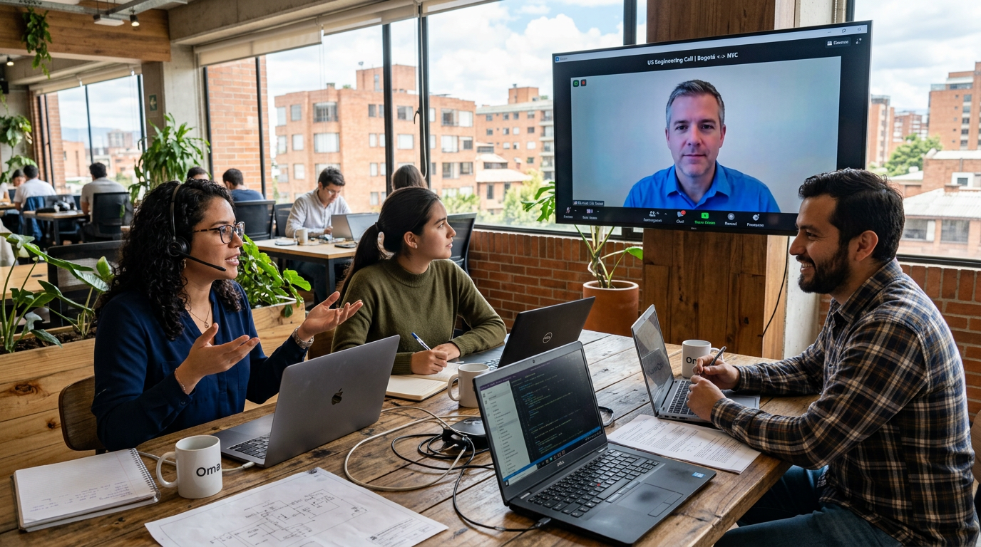 Latin American nearshore development team on a video call with a US engineering colleague in 2026