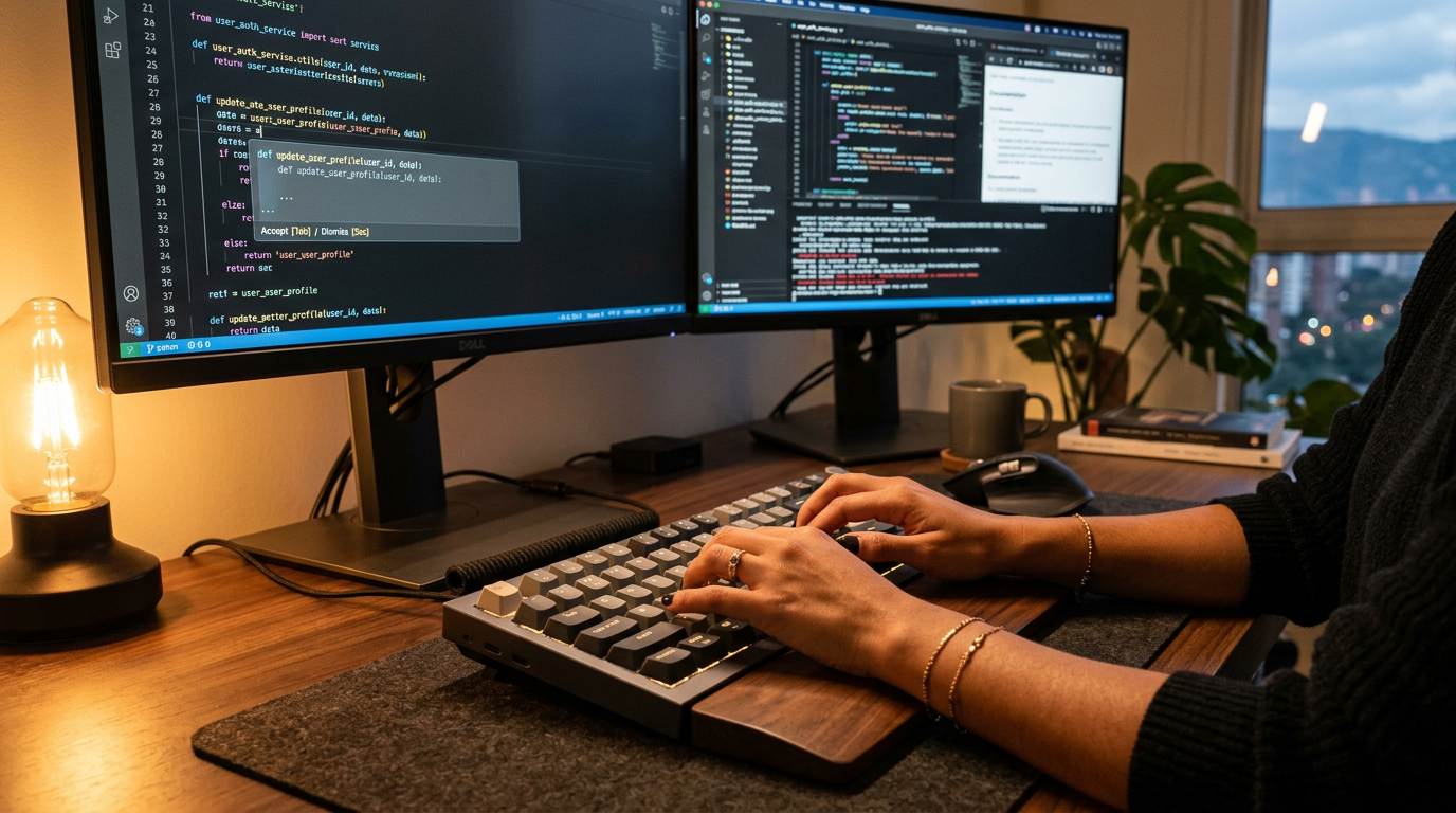 Latin American nearshore developer using AI code completion tools in a professional home office setup
