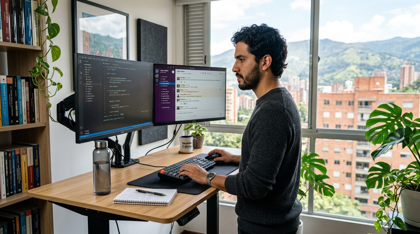 Nearshore developer in Latin America coding on dual monitors alongside a US remote team in 2026