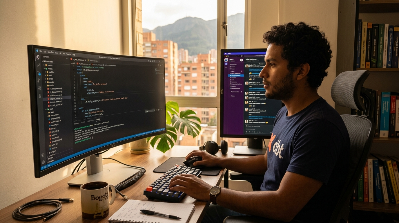 Nearshore data engineer in Bogotá reviewing a dbt pipeline with a US remote team via Slack in 2026
