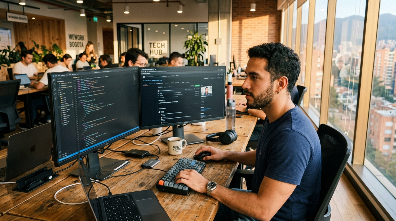Latin American nearshore developer working in a Bogotá co-working space, comparing nearshore developer vs Turing options on dual monitors