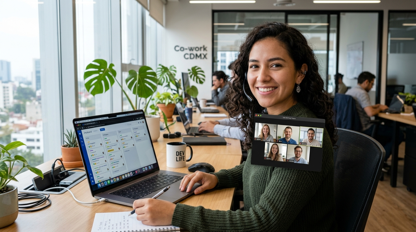 Nearshore developer from Latin America on a real-time video stand-up with US engineering team, showing timezone alignment advantage