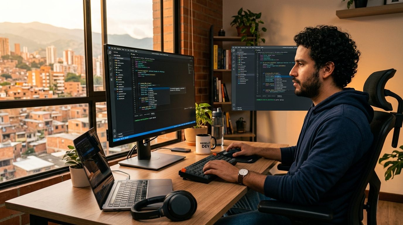 Latin American nearshore developer using AI coding tools in a home office, showing the role-specific AI copilot advantage over standard offshore platforms