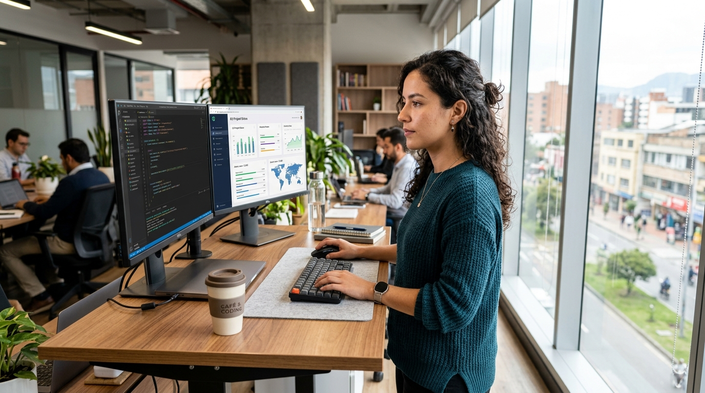 Latin American nearshore development talent working at dual-monitor desk for a US business, bright modern office