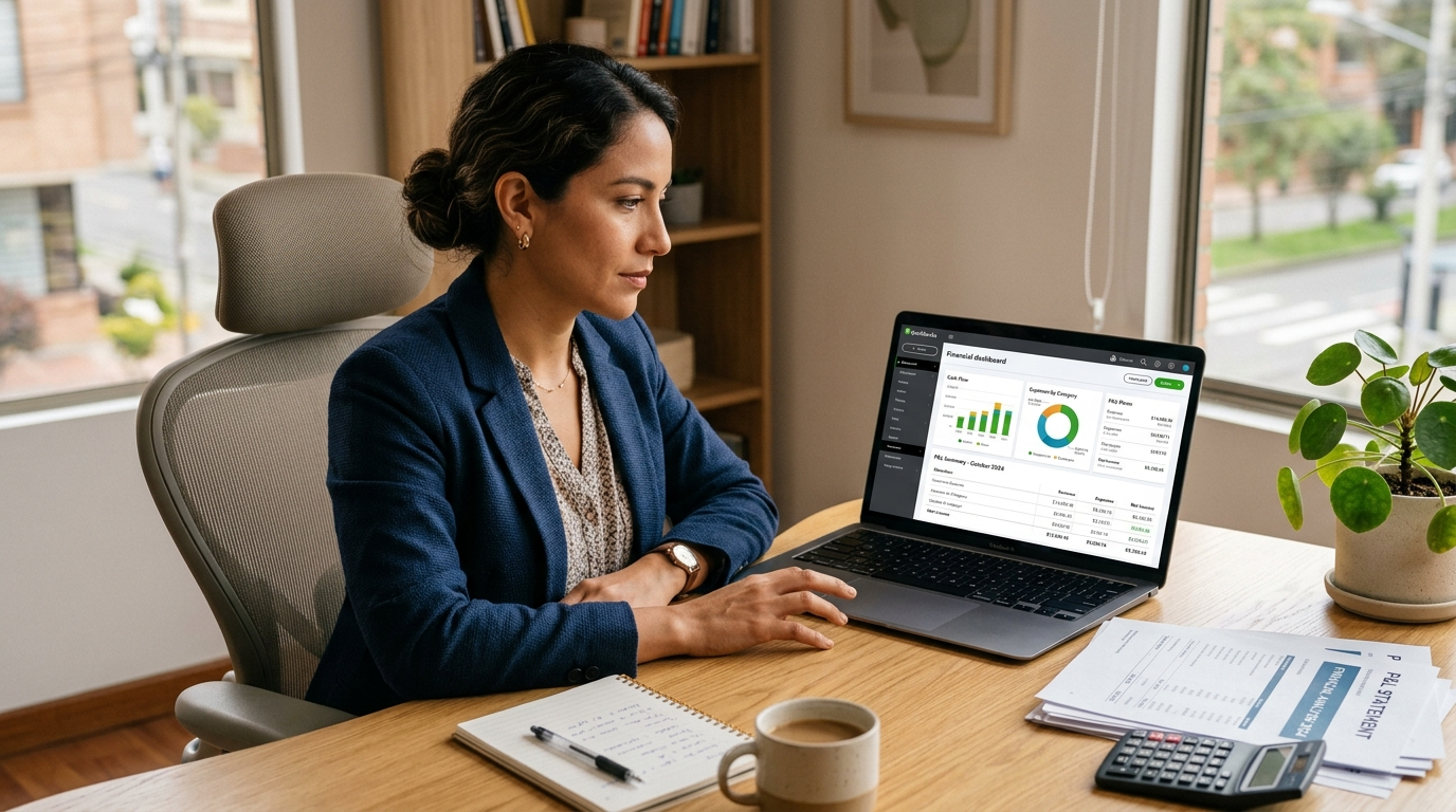Nearshore virtual assistant reviewing financial dashboard for US business client, professional home office setting