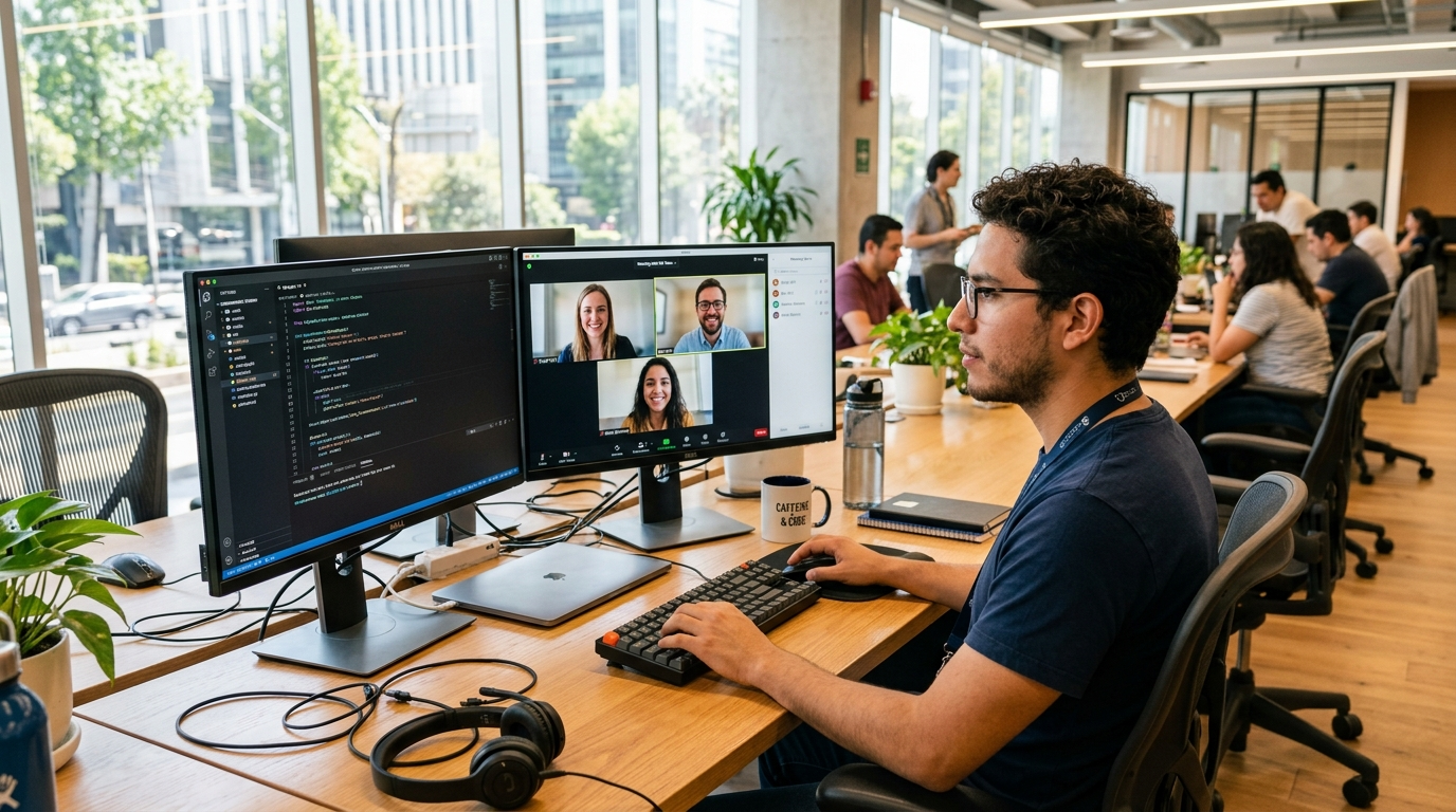 Latin American developer on a nearshore team collaborating in real time with US colleagues via video call, time zone overlap visible on dual monitors