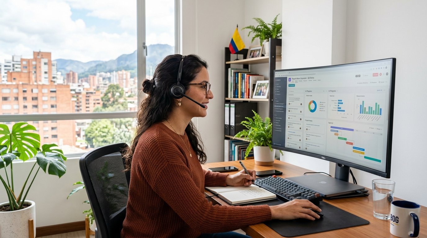 Nearshore Latin American VA working during US business hours on a project management dashboard with time zone overlap