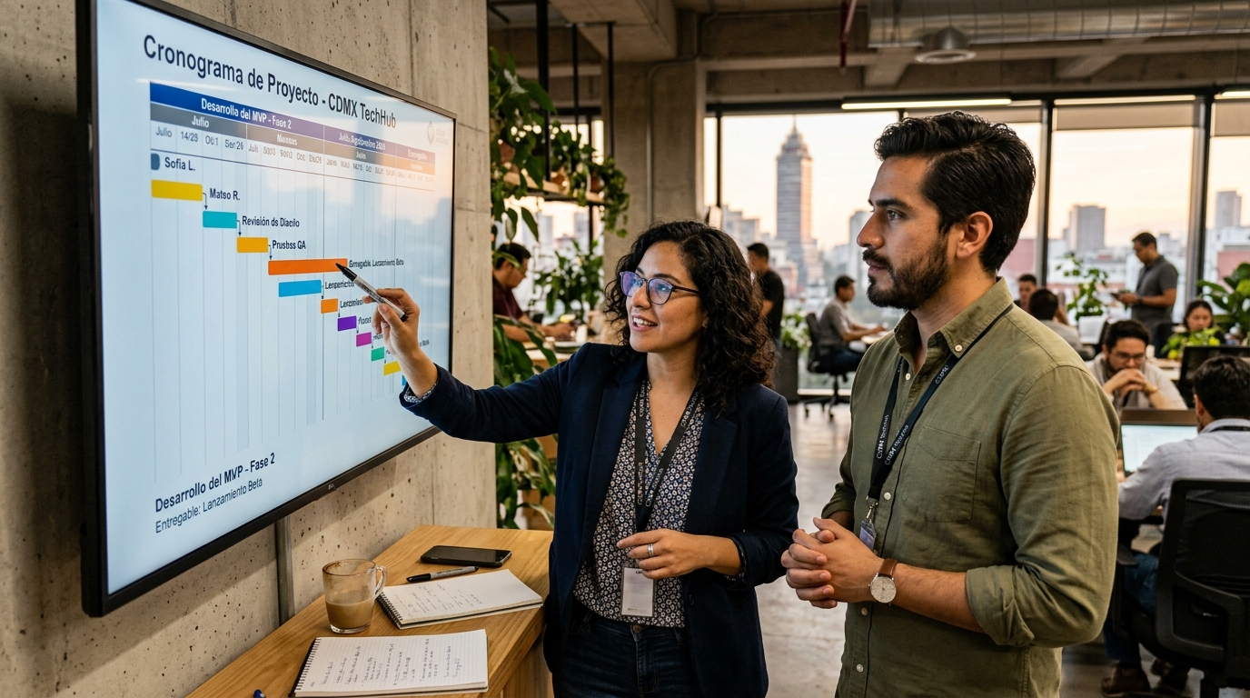 Nearshore development team in Latin America reviewing project timeline with US time zone overlap collaboration visible on screen
