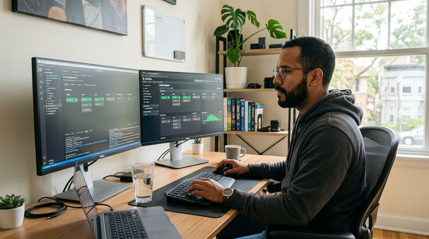 Latin American nearshore DevOps engineer reviewing CI/CD pipeline dashboards on dual monitors in a modern home office