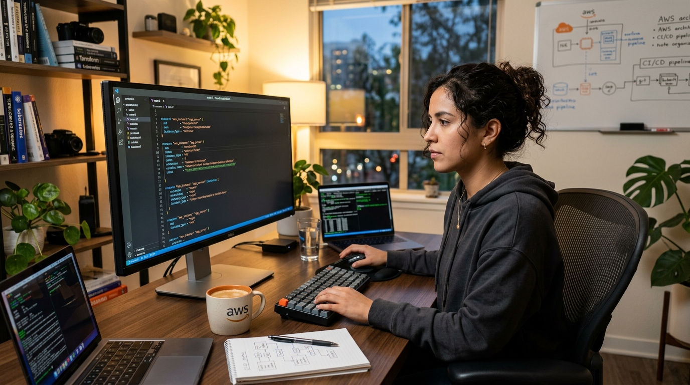 Latin American nearshore DevOps engineer reviewing Terraform infrastructure-as-code on monitor in a modern home office