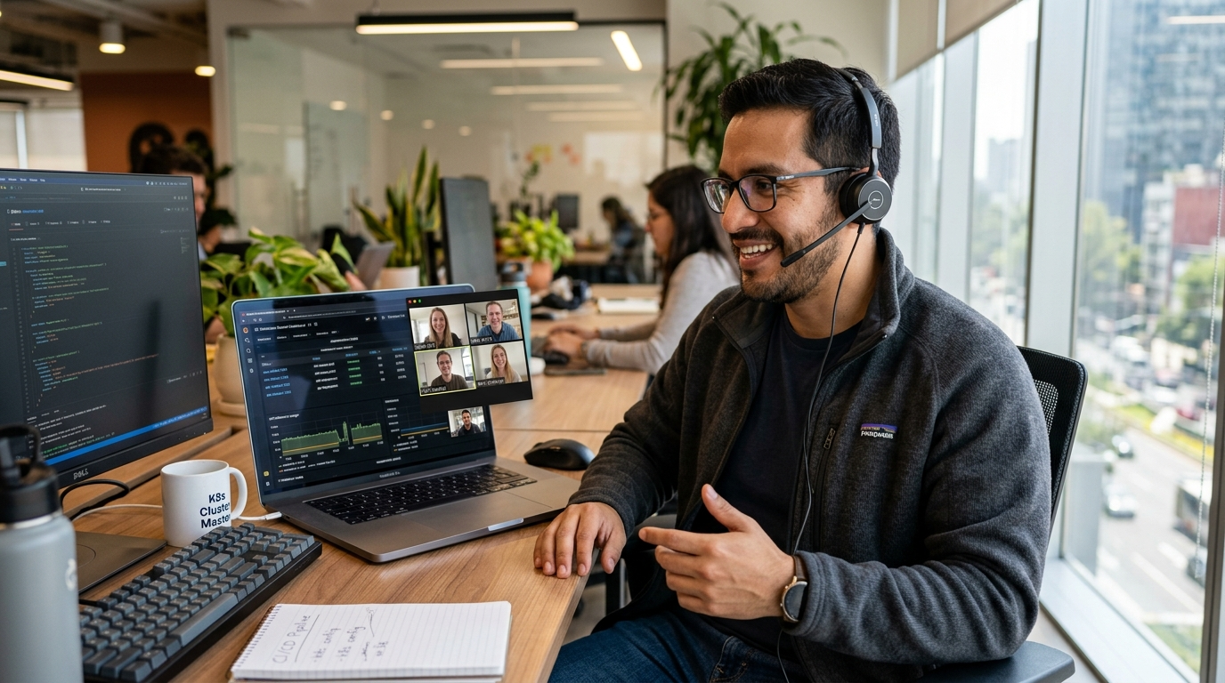 Nearshore DevOps engineer from Latin America on live video standup with US engineering team, Kubernetes dashboard visible on screen