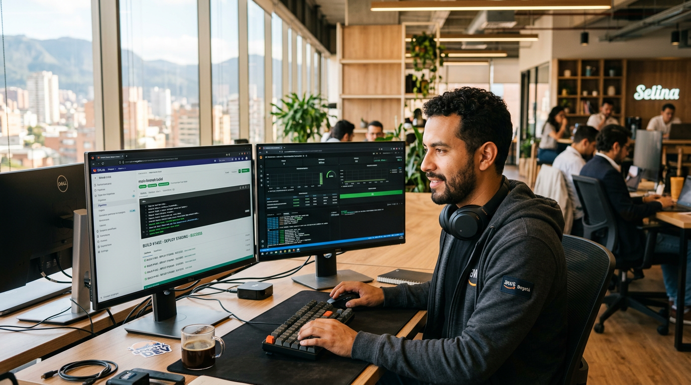 Latin American DevOps engineer monitoring CI/CD pipeline dashboards on dual screens — nearshore DevOps services in 2026