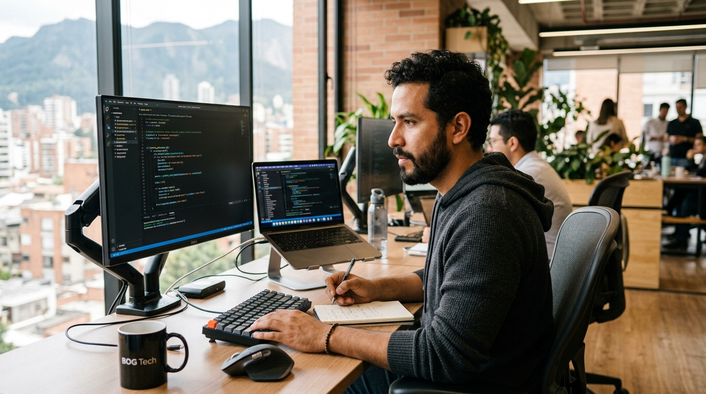 Latin American nearshore engineering team member reviewing code on dual monitors in a modern co-working space
