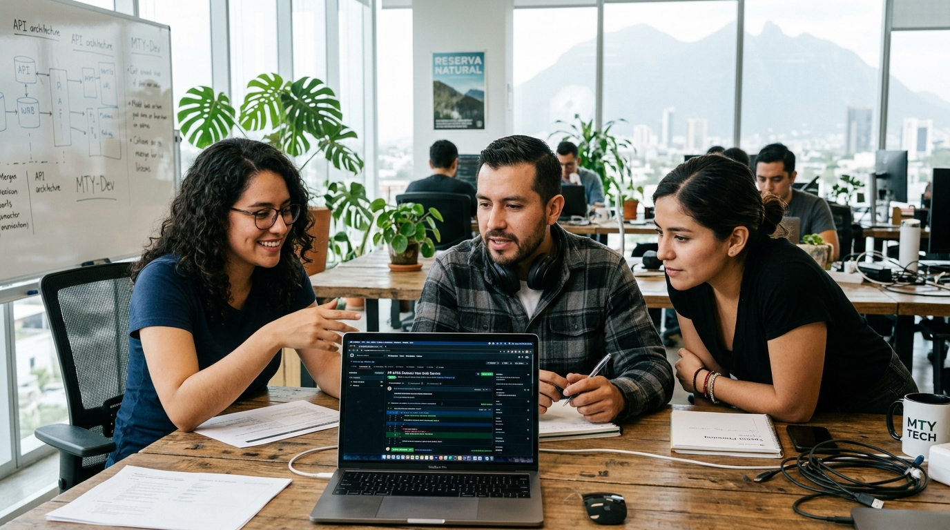 Nearshore engineering team collaborating on GitHub pull requests in a Latin American office