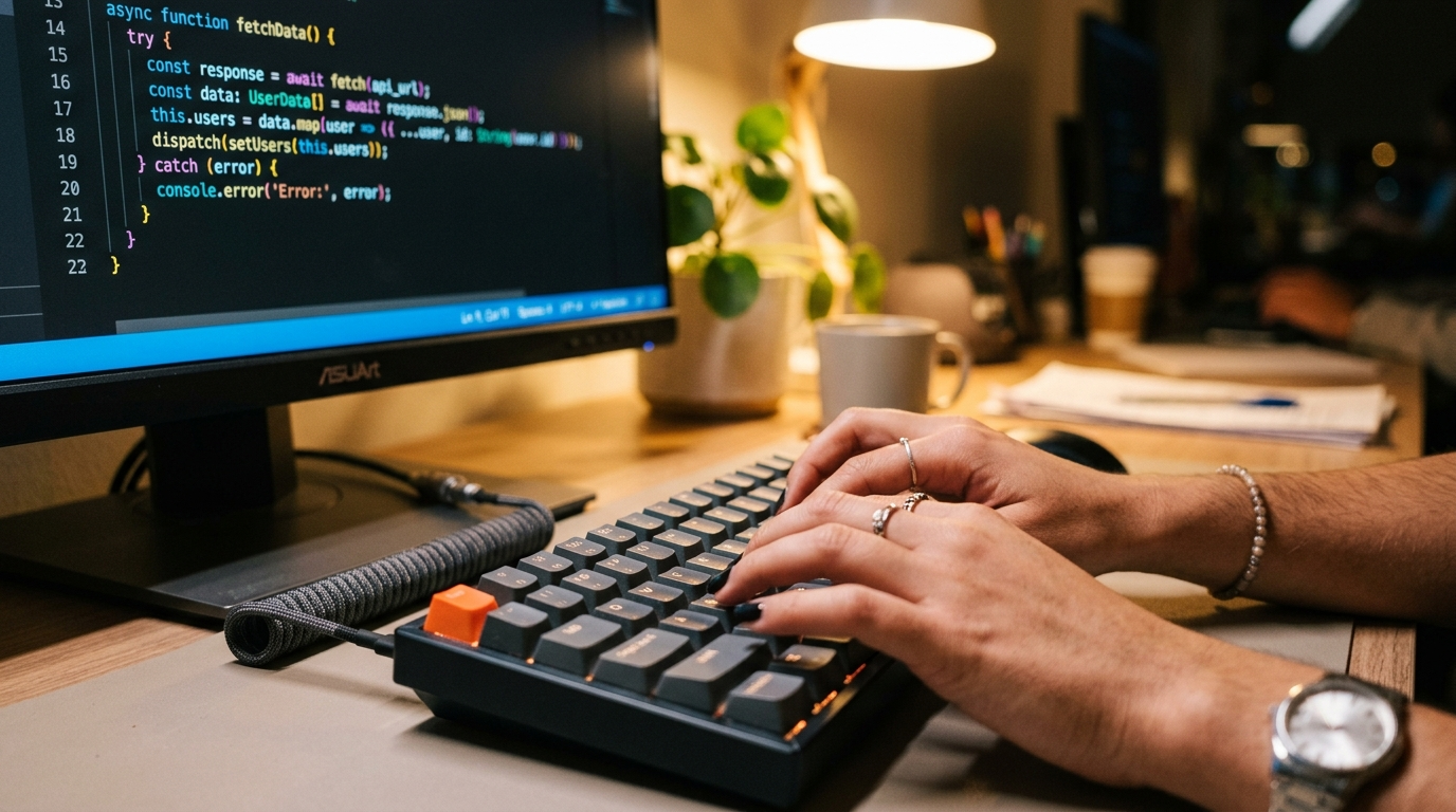 Nearshore software engineer writing TypeScript code in VS Code as part of a managed engineering team as a service