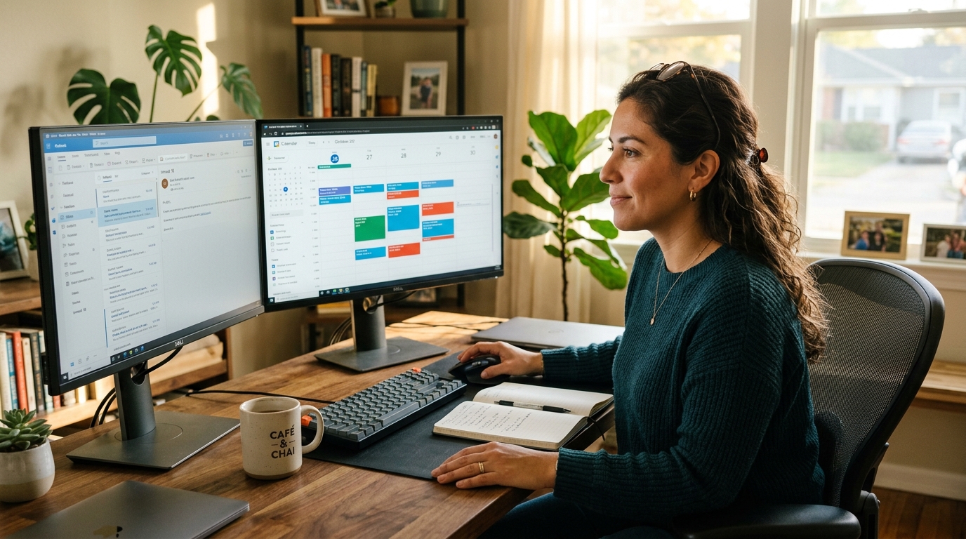 Nearshore executive assistant in Latin America managing a US executive's calendar on dual monitors in a bright home office