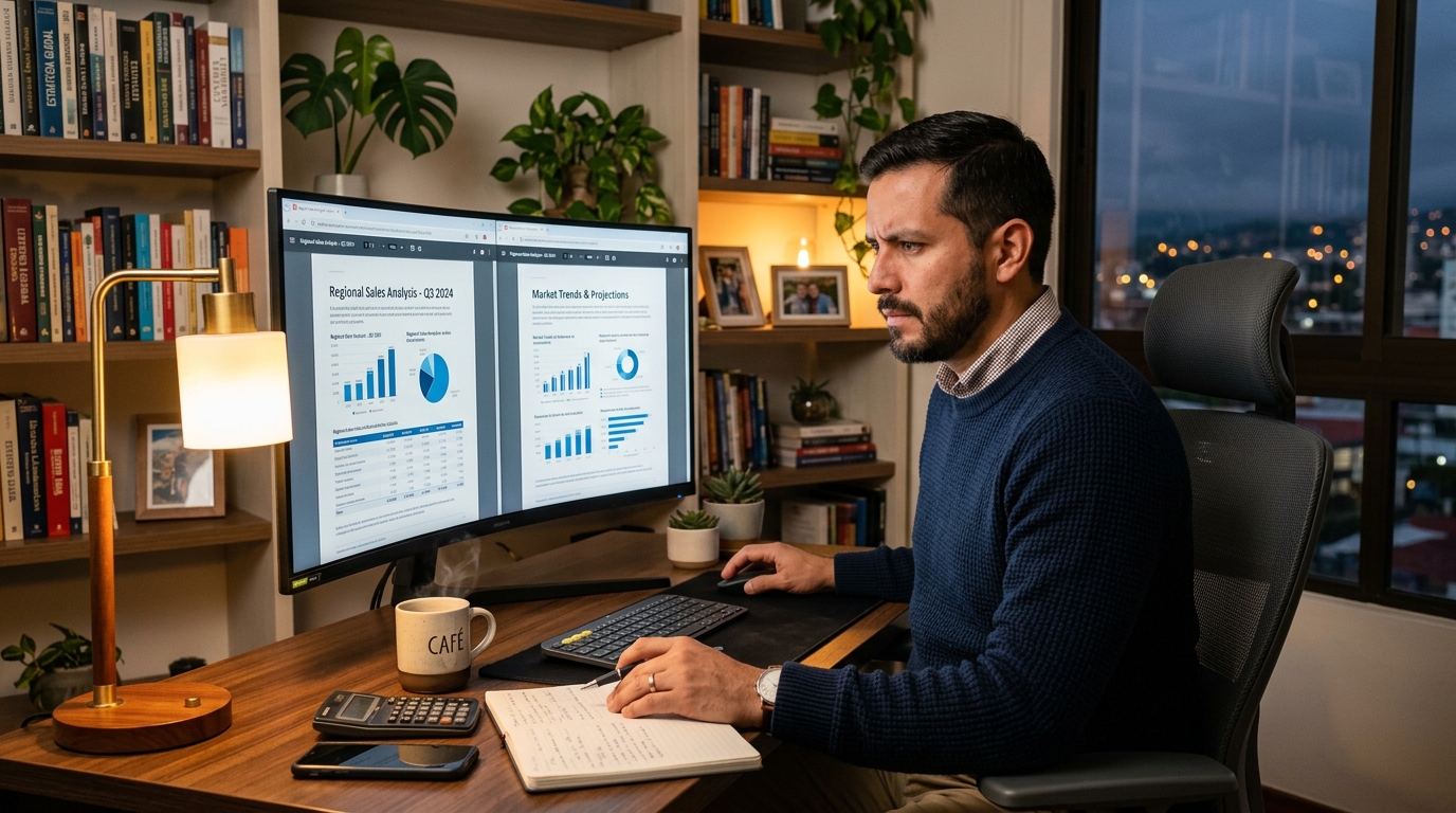 Nearshore executive assistant in Latin America reviewing executive briefing documents on screen in a modern home office