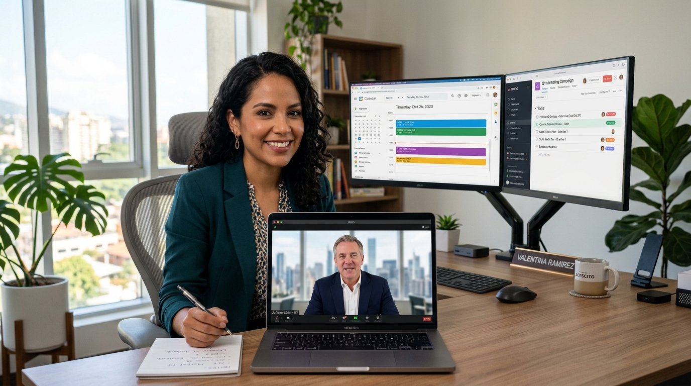 Nearshore executive assistant on video call with US executive reviewing task management dashboard and calendar during weekly sync