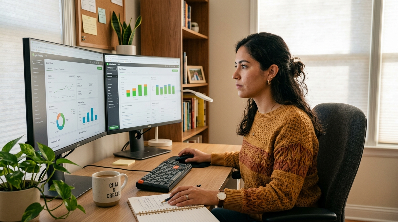 Latin American nearshore finance staffing professional reviewing QuickBooks dashboard on dual monitors in a sunlit home office
