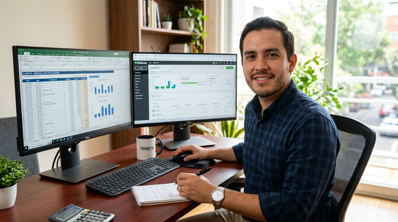 Nearshore finance staffing professional working in QuickBooks and spreadsheet on dual monitors in Latin America