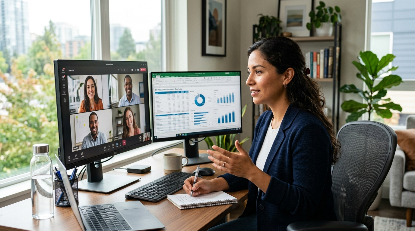 Nearshore finance staffing virtual assistant on video call with US client team, reviewing monthly financial report