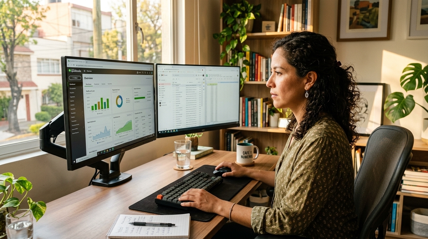 Latin American nearshore finance talent professional reviewing QuickBooks dashboard on dual monitors in a modern home office