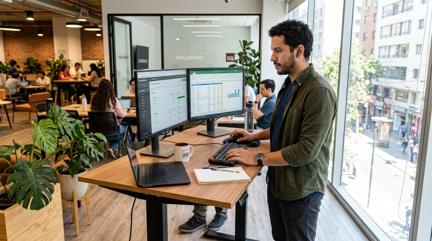 Nearshore finance talent professional working in QuickBooks at a modern Latin American coworking space