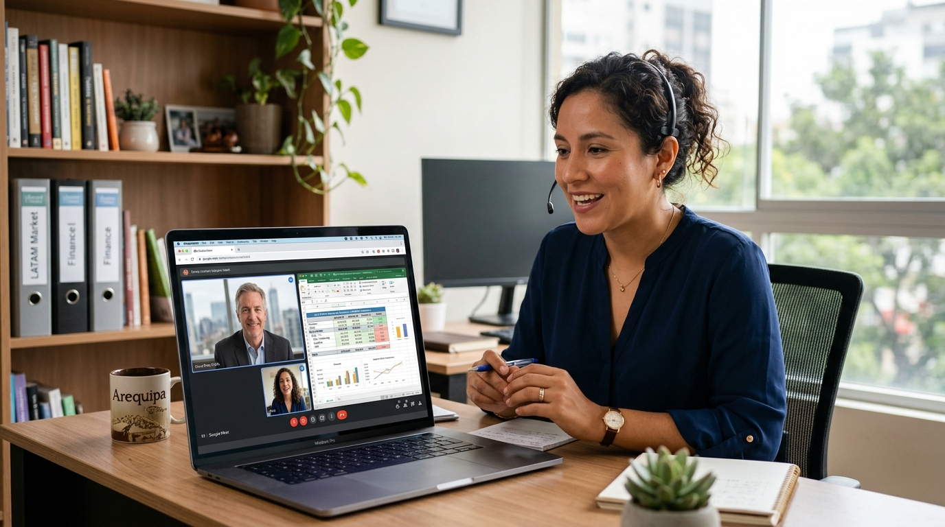 Nearshore finance talent professional on video call with US client reviewing financial spreadsheet in Latin American home office