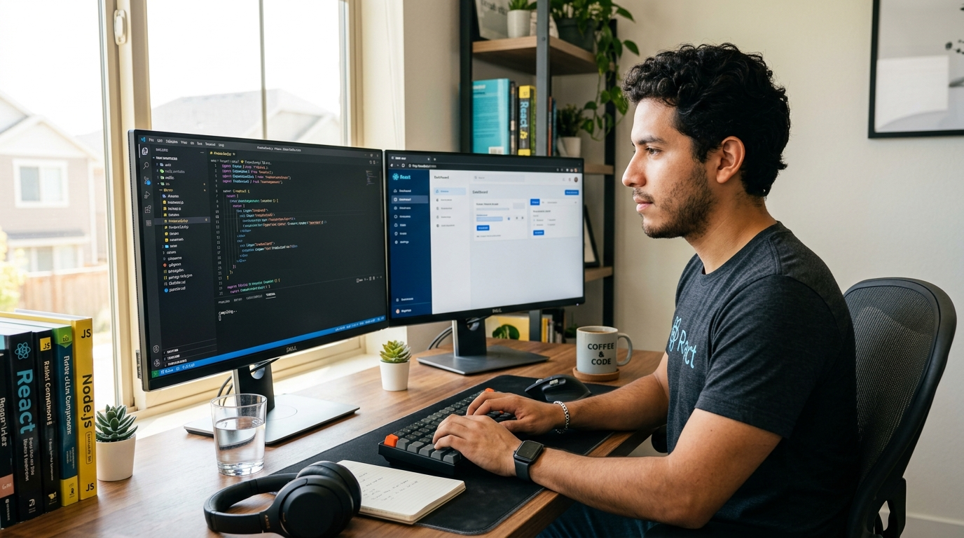 Nearshore frontend developer for hire in Latin America coding React in a modern home office with dual monitors and VS Code open