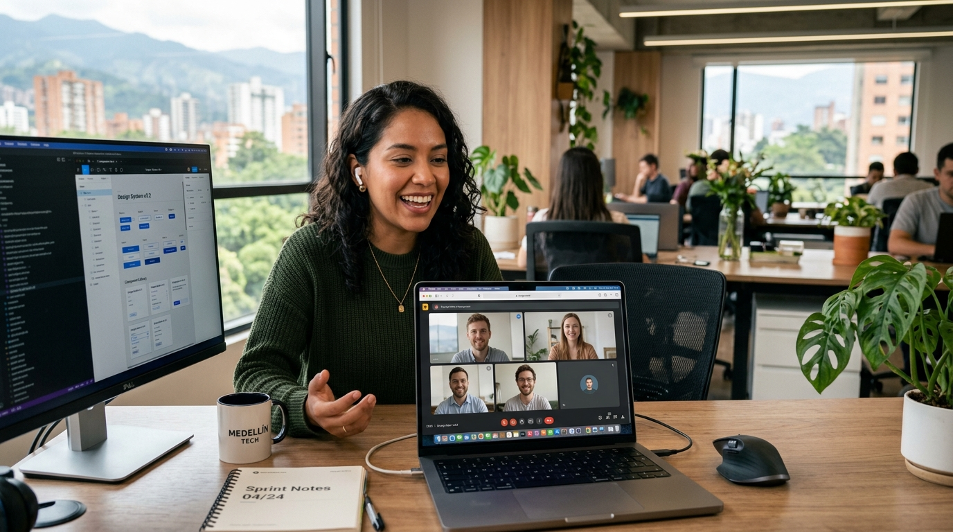 Nearshore frontend developer in Colombia on a live video standup with US engineering team, Figma open on laptop screen