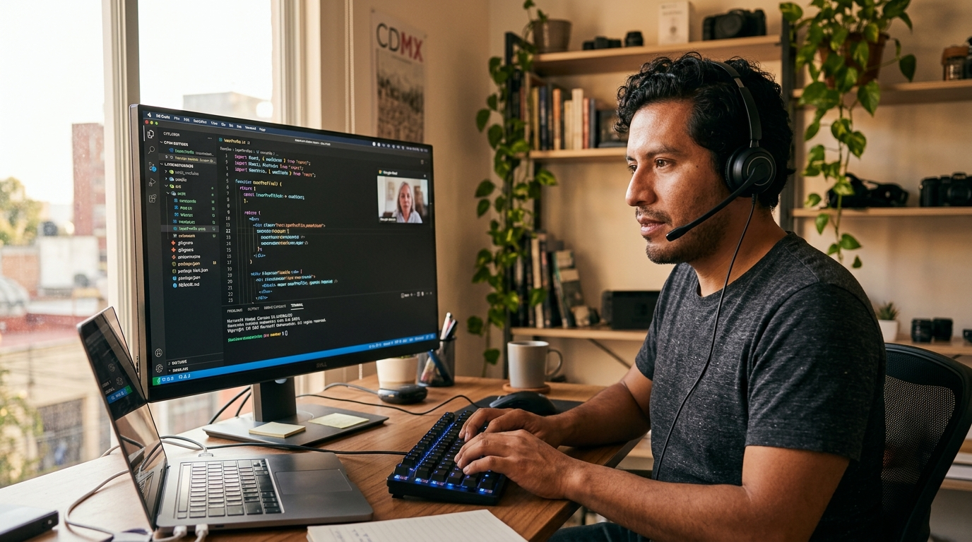 Latin American nearshore frontend developer completing a live React coding screen during a technical vetting call in 2026