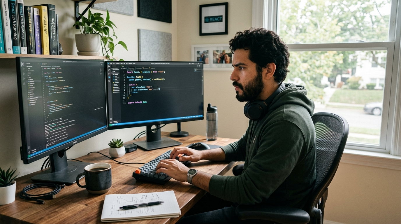 Nearshore frontend developer in Latin America coding React components on dual monitors in a modern home office, 2026