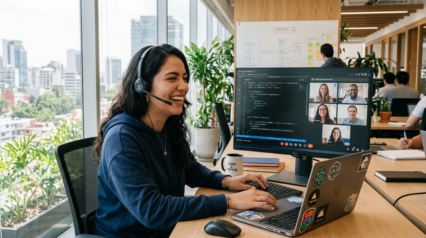 Nearshore frontend developer on live video standup with US engineering team, React code visible on second monitor