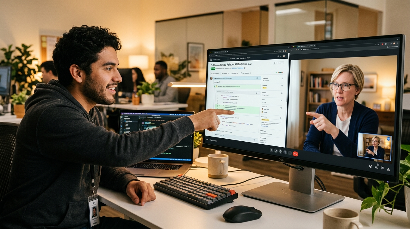 Nearshore frontend developer reviewing pull request with US tech lead on a shared screen during a live video session