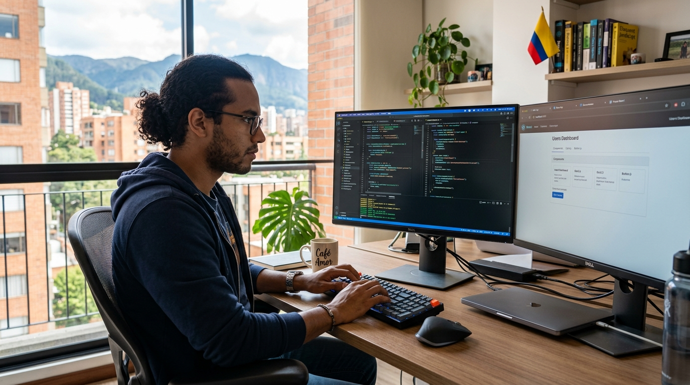 Nearshore full-stack developer for hire working on React and Node.js code in a modern Latin American home office in 2026