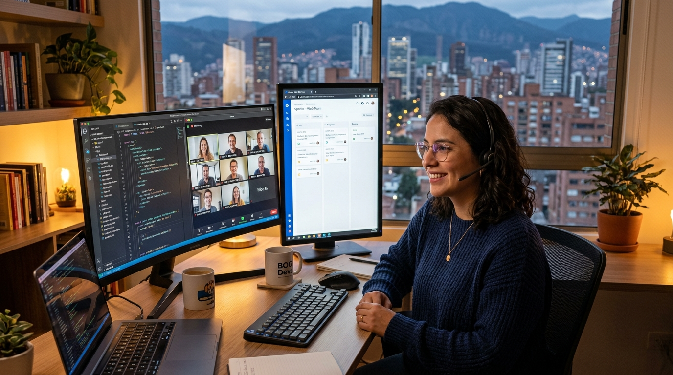 Nearshore full-stack developer on a real-time video call with a US engineering team, React and Jira visible on screen