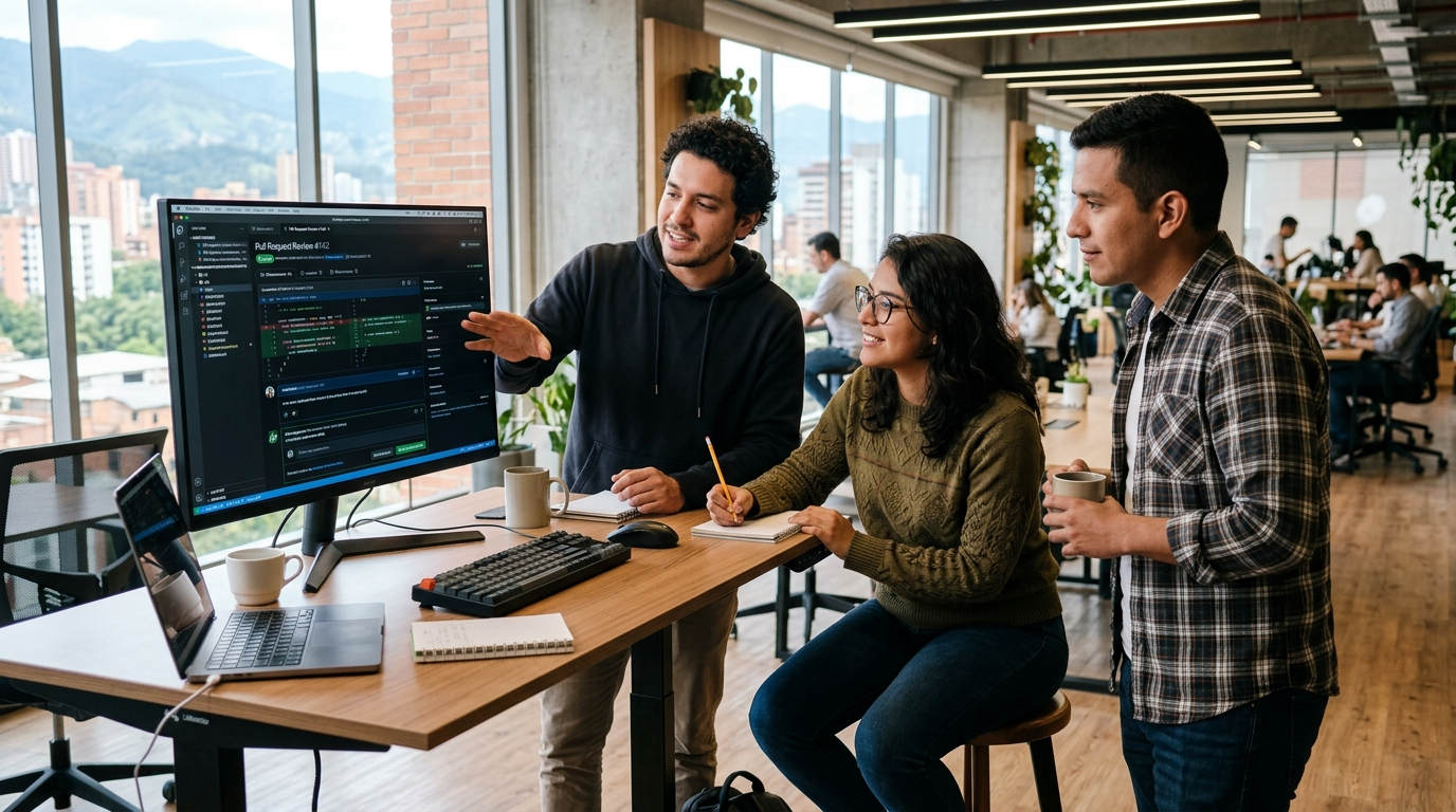 Latin American nearshore full-stack development team reviewing a pull request in a modern Medellín co-working space