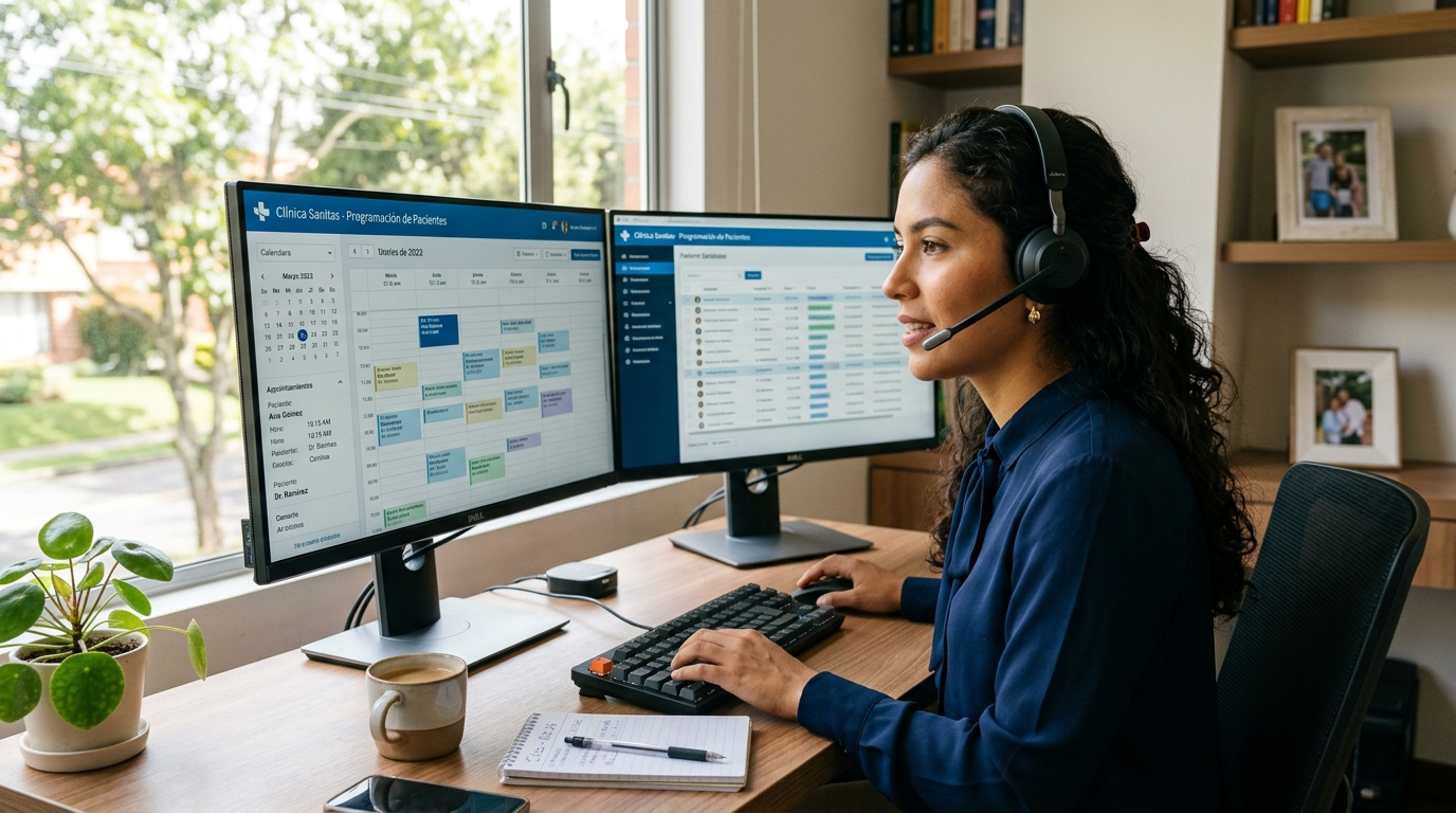 Nearshore healthcare BPO specialist in Latin America managing patient scheduling on dual monitors in a professional home office