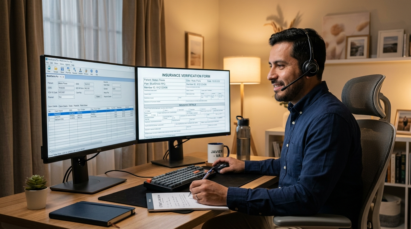 Nearshore healthcare BPO specialist reviewing insurance verification documents on a medical billing platform