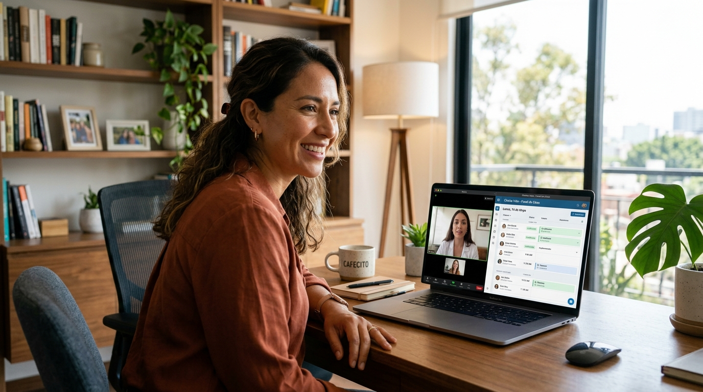 Nearshore healthcare BPO virtual assistant on video call with US medical practice team, scheduling software on screen