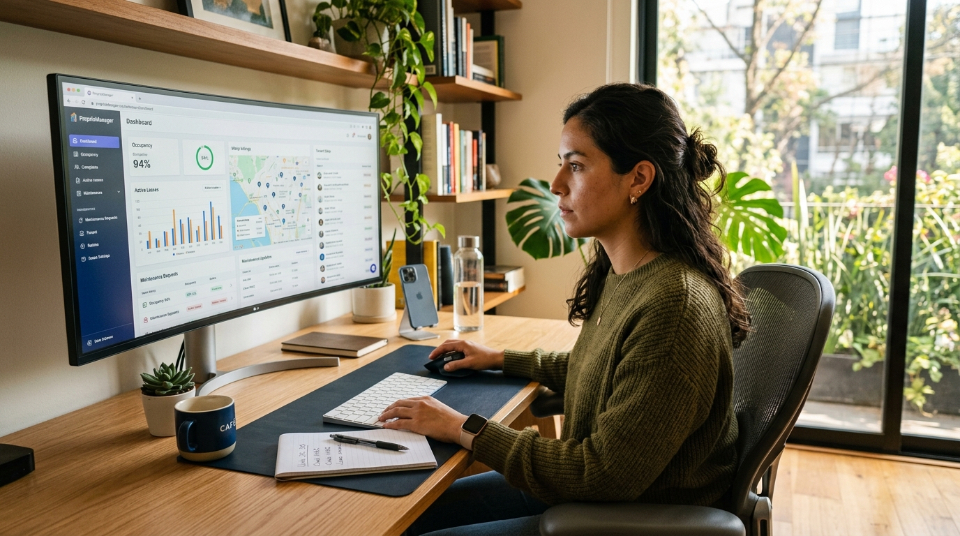 Latin American nearshore virtual assistant reviewing a property management dashboard on a wide monitor in a modern home office