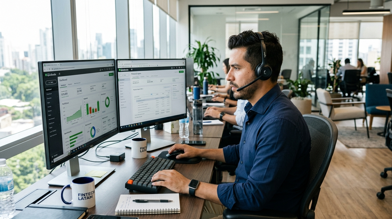 Nearshore bookkeeper in Latin America reviewing a QuickBooks dashboard on dual monitors during US business hours