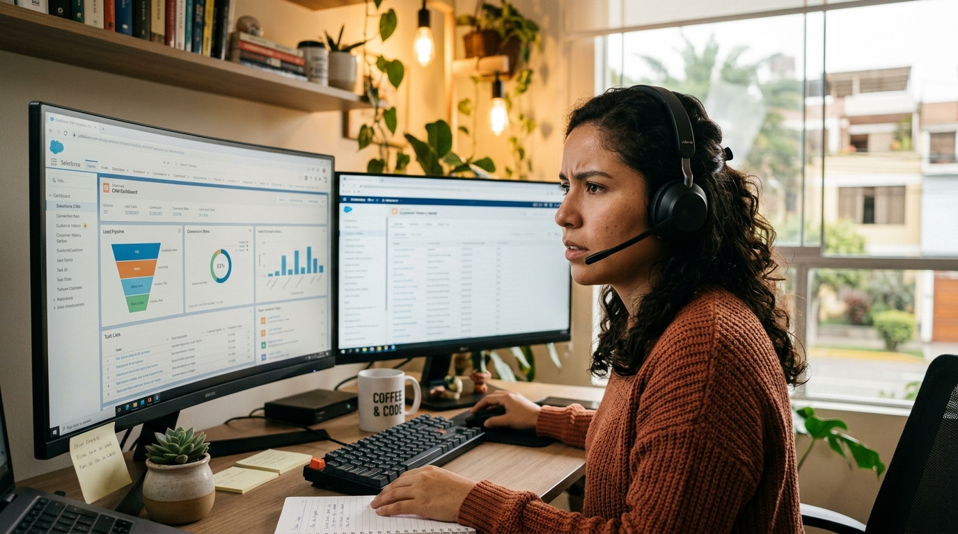 Latin American virtual assistant using nearshore hiring services at a modern home office with dual monitors and headset