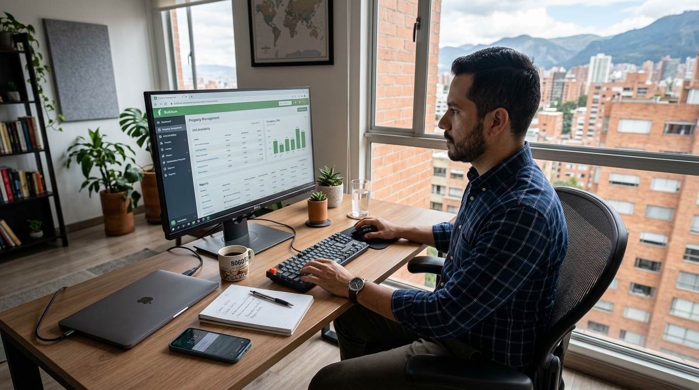 Nearshore virtual assistant in Bogota reviewing property management software — nearshore hiring services in practice